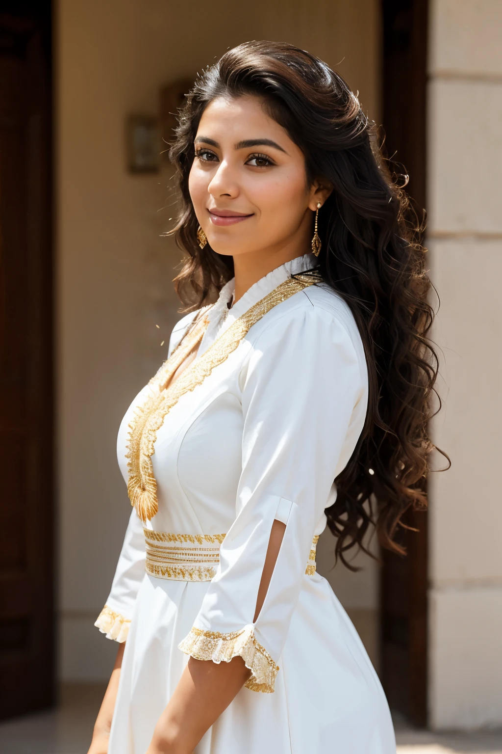 Create a hyper-realistic image of a 30-year-old Mexican woman with wavy hair, dark skin, and dark eyes. She should be smiling and wearing traditional Mexican business attire, specifically a charro dress. The background should be completely white, with no additional details. The woman should have her arms relaxed at her sides, with her hands closed as if she is walking. The hands should be perfectly detailed, with all five fingers visible, but not outstretched or prominent. Avoid any deformations or distortions in the hands, face, or other parts, and ensure there is only one character in the image. The image should be 8k super realistic, detailed, and realistic.

