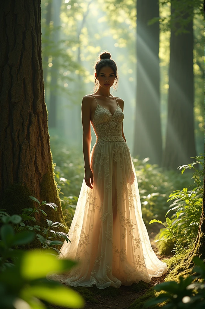 A persona promoting perfume in a forest