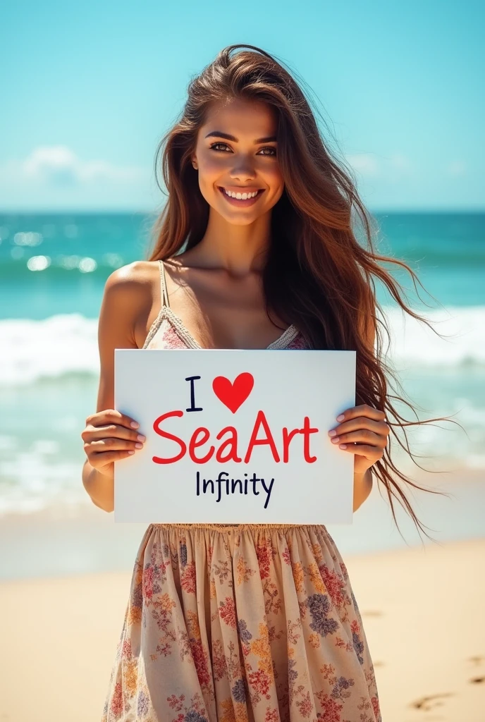 Beautiful girl with wavy long hair, bohemian dress, holding a white board with text "I Love Seaart Infinity" and showing it to the viewer