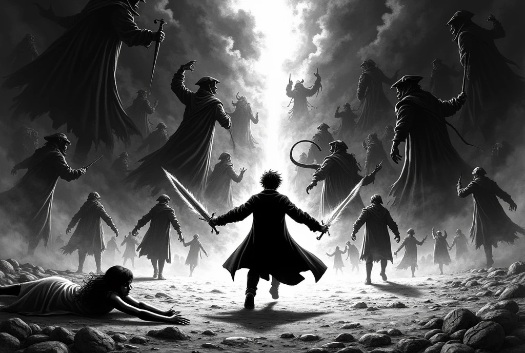 monochrome horror action manga panel which depicts: a cinematic back view, the camera sees the scene from the ground, dynamic sideways tilted camera, tilted horizon, dutch angle, harry potter, seen from the back, rushing against a massive crowd of dementors, massive crowd of dementors standing on the ground, massive crowd of dementors floating around harry and the girl, harry brandishes a glowing sword in his left hand, harry wields a wand on the right hand, the thip of the wand is glowing, an unconscious girl laying unconscious on the foreground with her back to the camera, she is really close to the camera, outdoors, dark night, the crowd faces against harry, the crowd moves against harry, dramatic composition with perspective and foreshortening, rule of thirds, the vanishing point is at the lower left corner of the image