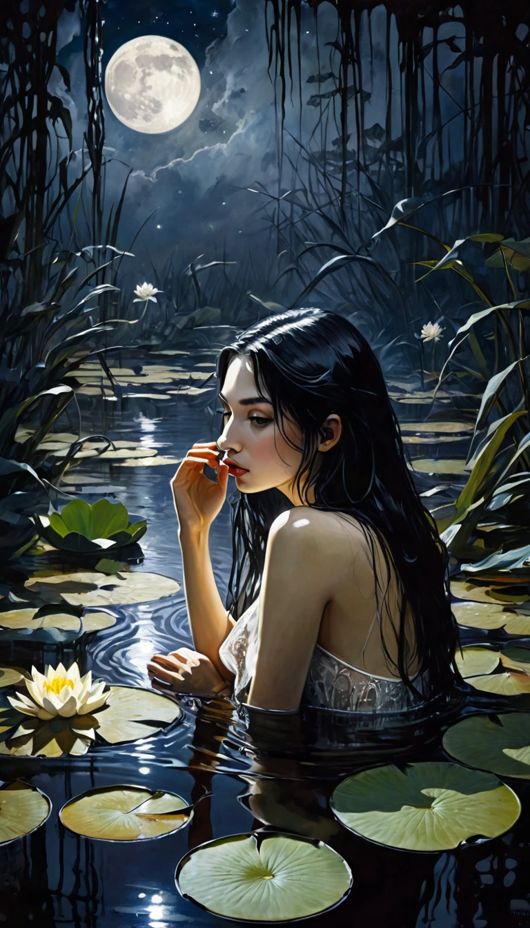 magical girl with her pet mouse, very long black hair, perfect ass, naked in communion with nature and night magic,sinister swamp with water lilies, magic, fantastic, night sky, moons , stars, background, (art inspired by Bill Sienkiewicz). oil painting) (best quality, 4k, 8k, high resolution, masterpiece: 1.2), ultra-detailed, (realistic, photorealistic, photorealistic: 1.37), intricate details, vivid colors, sharp focus, professional, artwork by Dave McKean , oil touch of surrealism, oil painting style, portrait, woman, beautiful detailed eyes, beautiful detailed lips, dreamlike atmosphere, shadow play, soft lighting, playful pose,
