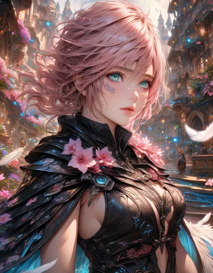 Ultra detailed, highres, absurdres, HDR, master piece, Claire Farron, wavy pink short hair, expressive pale aqua eyes, cropped white cape, black leather clothes, black long gloves, Lightning Farron, Final Fantasy XIII (Lightning returns), pink flowers, petals, fireflies, woman, solo, extremely beautiful, very detailed face and eyes, best quality, fantasy, magical, realistic face, fantasy city, white feathers, feathers