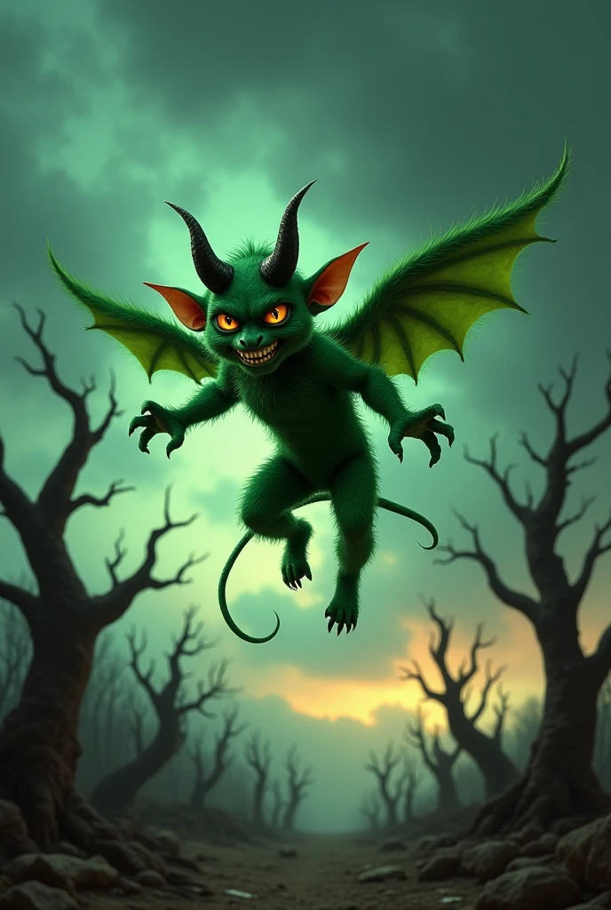 A green devil flying over dry trees
