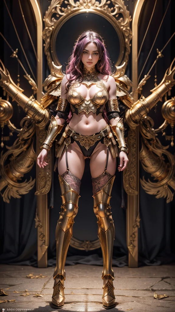 Masterpiece, best quality, 1girl, gold lace underwear, belly armor, armor corset, lace bra, extremely beautiful, fit body, full makeups, blue eyes, mecha (gold legs armor), (gold hands armor), (arms armor), garter, lace stockings, wavy hair, pink hair,extreme details, crisp picture, posing in the middle, symmetrical pose, (full body:1.3), front view, small breasts, (perfect anatomy), volumetric lights, octane rendering, cameltoe:1.3, ((nsfw)), no panties, pubic hair