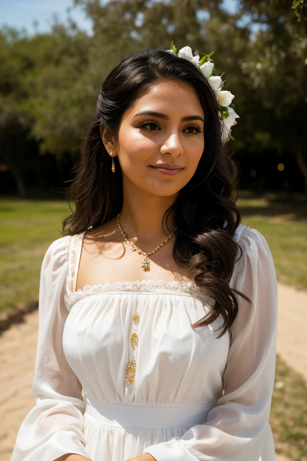 Create a hyper-realistic image of a 30-year-old Mexican woman with wavy hair, dark skin, and dark eyes. She should be smiling and wearing traditional Mexican business attire, specifically a charro dress. The background must be completely white, with no additional details or elements. There should be no scenery or anything else in the background. The only Mexican element in the image should be the woman and her clothing. The image should be 8k super realistic, detailed, and realistic. EasyNegative, (worst quality, low quality:1.4), (((deformed))), distortions in the hands, face, and other parts, more than 1 character, more than 1 backpack, (((deformed))), distortions in the hands, face, and other parts, more than 1 character.