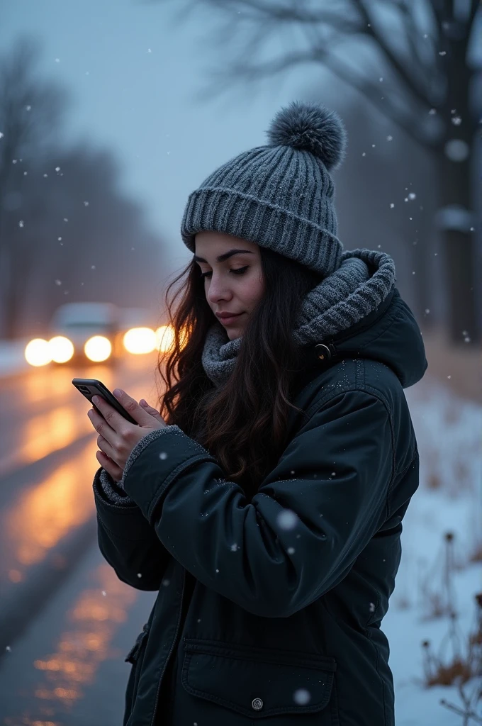 A woman waits for her sister who is arriving by bus while it is very cold next to the highway