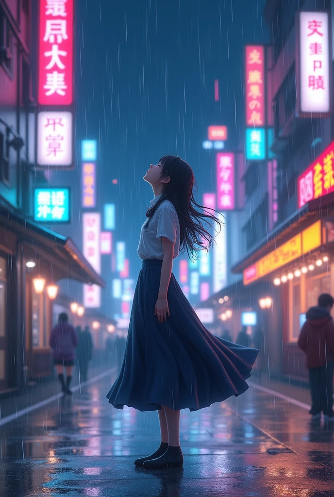 (Anime:1.2), anime beautiful girl standing in rain in middle of the street in a neon city in modest school uniform long skirt and facing up as the rain touches her face and goes 