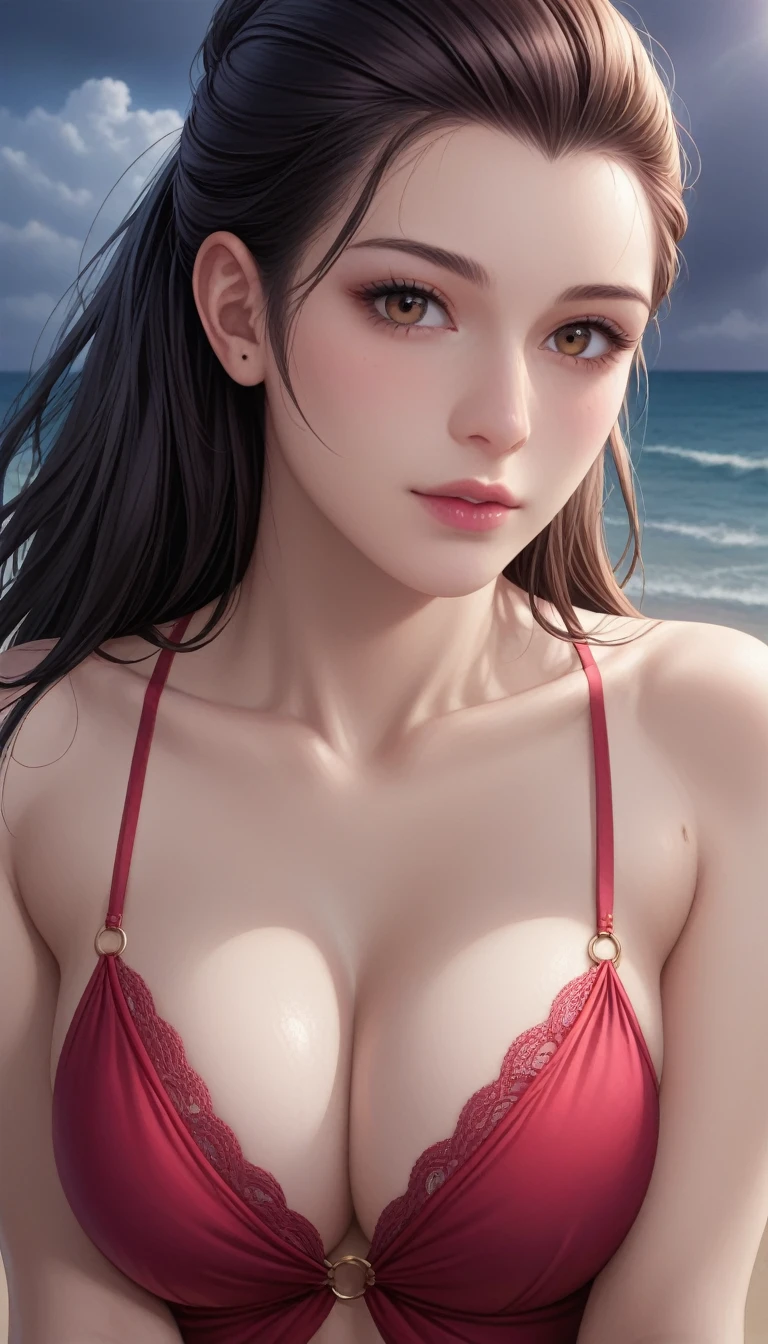 score_9, score_8_superior, score_7_superior, High-resolution CG illustration,A masterpiece in 32K resolution,Highest quality,it is really amazing,Very detailed,Ultra-high resolution,Ultra-realistic,Realistic,Increased depth of field,Cinematic lighting,
Sexy mature Japan woman,
Straight long hair with black hair,Showing his forehead,Ultra-detailed and beautiful face,Calm and gentle look,Beautiful brown eyes,Glossy, moisturized skin,Translucent white skin,Realistic skin texture,Great proportions,
Elegant red swimsuit,
Simple design,Chic color scheme based on red,Detailed fabric texture,
(Dark overcast sky on a dull night:1.1),(Dark clouds filling the sky:1.1),Thundercloud,Coastline at night,Stormy seas,delay々A desolate sandy beach that continues,
(Beautiful cleavage:1.1),(High angle:1.1),