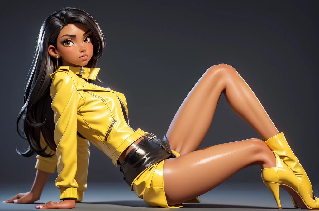 obra prima, melhor qualidade, ((only one woman,)) ((emily compagno, dark tan skin, straight black hair,)) erect cone tits, ((wearing shiny cream leather biker moto jacket,)) ((jacket has padded shoulders, jacket has stiff high collar,)) (((wearing shiny yellow crumpled leather miniskirt, pussy visible,))) wearing louboutin heels, (no boots,) body is very skinny, ((sitting back, legs spread,)) ((camera front view of body,)) shallow depth of field, highres, HD, 8k, anatomically correct