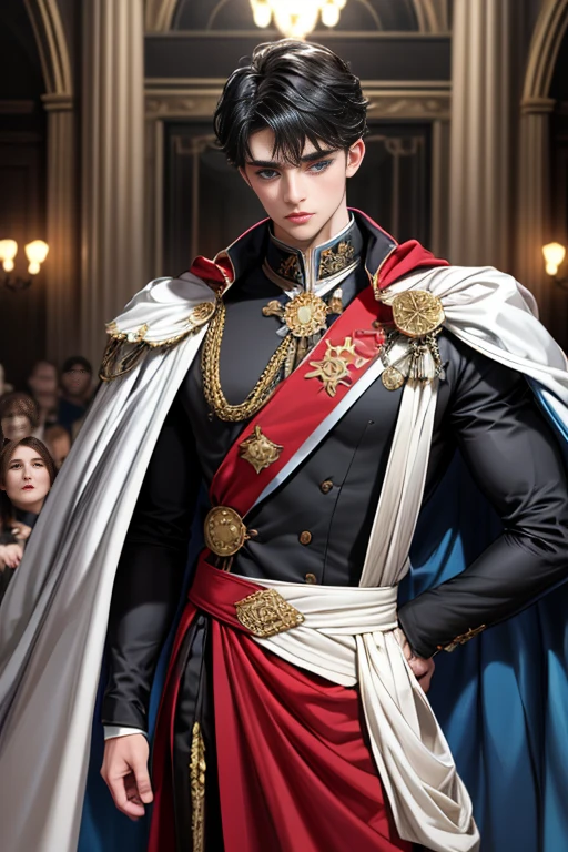 masterpiece, 最high quality, high quality, 1 boy, alone, Male focus, Watching the audience, Messy black hair, Adorable big blue eyes, White people, Noble, Noble,Sexy voluminous cape、vampire、A very voluminous, large, very large, very large, long, long red and black cape with a high stand-up collar, made of a lot of fabric that reaches down to the floor., ,Cute beautiful boys,Cute, cute, kind, handsome guy