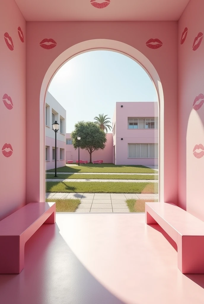 (photorealism:1.2) Looking at the empty in a pink girls' school inside yard, from a window inside of a pink and white modern school building with pink benches, clean in good shape, the sign "Colegio Coquetas" and the signs of many kisses 💋 on the walls, not childish drawings on the walls, realistic, intricate details