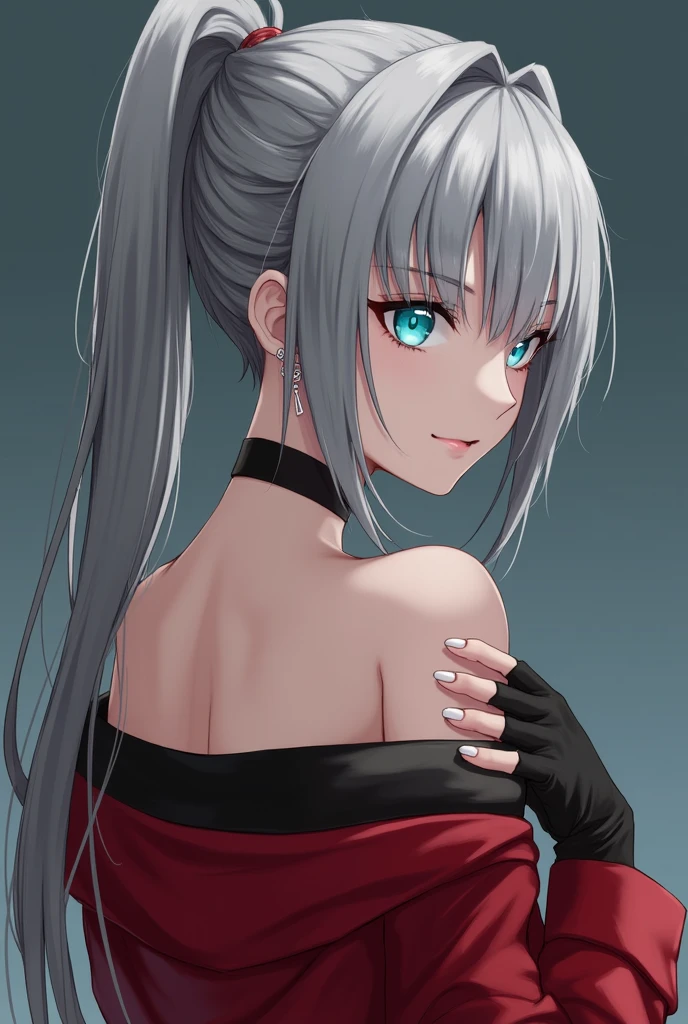 One person, Aqua Eye, return, bangs, Exposing shoulders, black gloves, blue eyes, Braiding, choker, Earrings, fingerless gloves, From behind, gloves, Grey Hair, Holding, Jacket, jewelry, Long Hair, View your viewers, looking return, Manicure, Off the shoulder, Lips parted, Earrings, ponytail, red Jacket, alone, Upper Body,He didn&#39;t,[[Realistic]],(Glowing Skin),(masterpiece:1.4),(Highest quality:1.4)