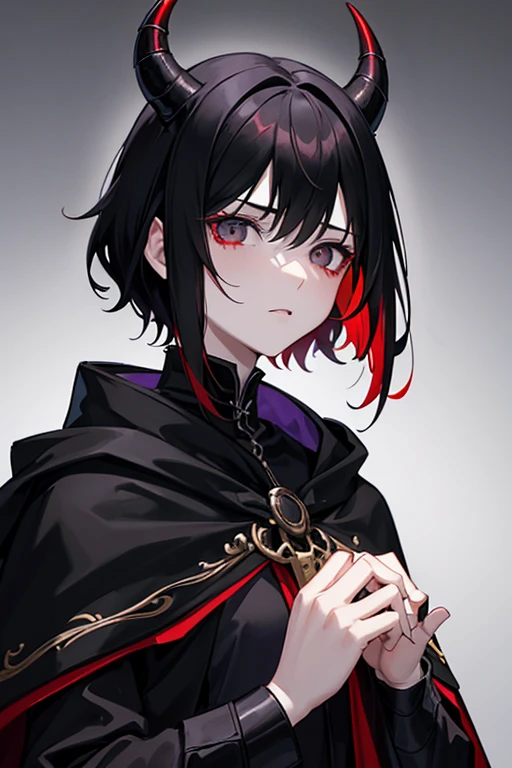 completely black eyes, 19 years old, mage, horns, black hair with red highlights, emotionless, pale skin, dark, medieval, chaos magic, dark magic, with cape, powerful, short hair, a girl with a cute boy appearance ,girl, men's clothing