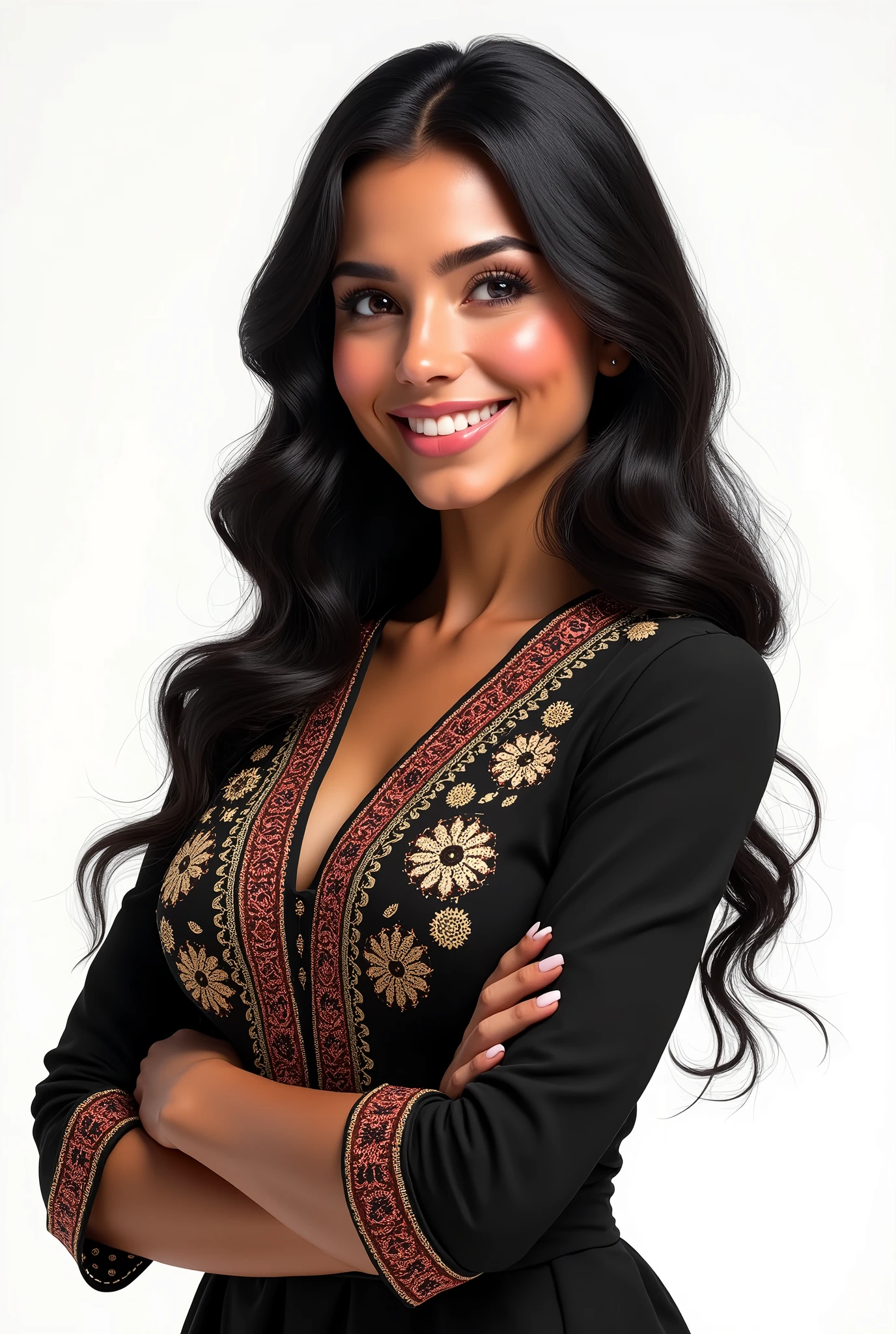 Create a hyper-realistic image of a 30-year-old Mexican woman with wavy hair, dark skin, and dark eyes. She should be smiling and wearing traditional Mexican business attire, specifically a charro dress. The background must be completely white, with no additional details or elements. There should be no scenery or anything else in the background. The only Mexican element in the image should be the woman and her clothing. The image should be 8k super realistic, detailed, and realistic. EasyNegative, (worst quality, low quality:1.4), (((deformed))), distortions in the hands, face, and other parts, more than 1 character, more than 1 backpack, (((deformed))), distortions in the hands, face, and other parts, more than 1 character.