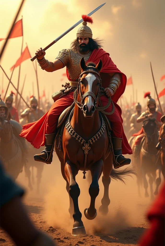 A chaotic battlefield with Maharana Pratap at the forefront, riding his horse Chetak. Dust and smoke fill the air as both armies clash, with Pratap leading a charge against the Mughal forces. His eyes are fierce, showing his resolve. In 3d animation style