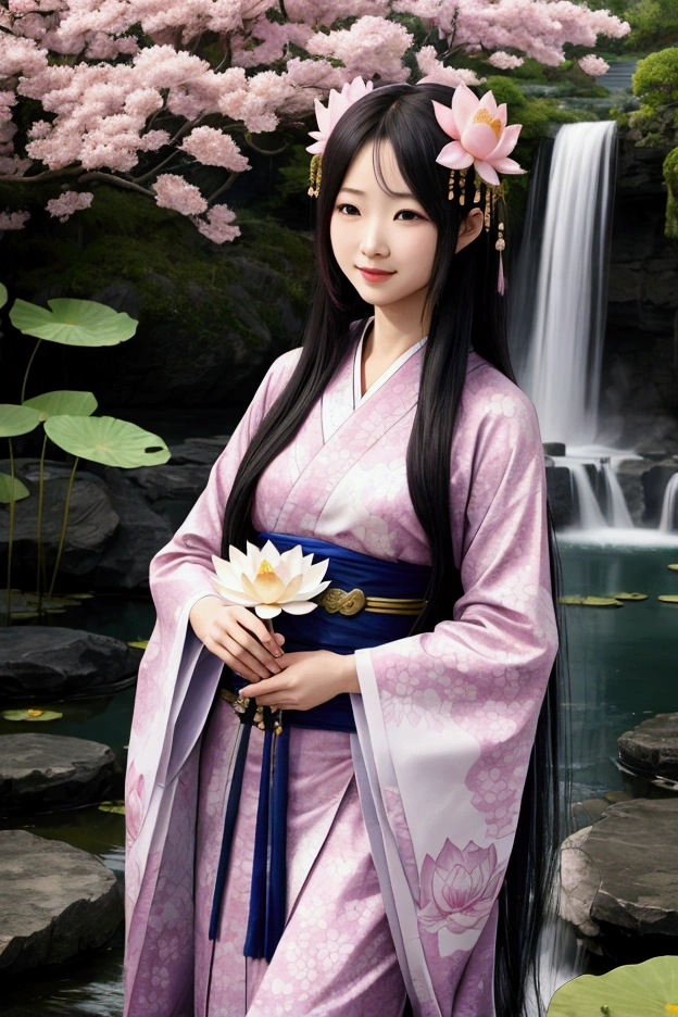Benzaiten、lute、smile、waterfall、lake、Beauty、Facing forward、手を前に組んでいる
vivid、kimono、Decorations、Long Hair、Wind、Lotus flower、White Snake、Halo、Digital Art、
mysterious、beautiful、love、Realistic、vivid、Lotus flower、Long Hair、Wind、beautiful、mysterious、