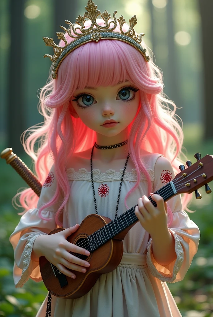 A very beautiful and young girl, Her hair is extremely pink and she has two blue streaks, Your skin is white and delicate, and it has red magical symbols on your shoulders and neck that are like tattoos., Her clothes are very elegant and chic, demonstrating wealth, She is the daughter of a fairy and carries with her her lute and two beautiful delicate swords. She is a bard and loves music., She always has her mandolin in her hands, her beautiful swords on her back, and a glow on her cheeks and under her eyes. She also wears a tiara.