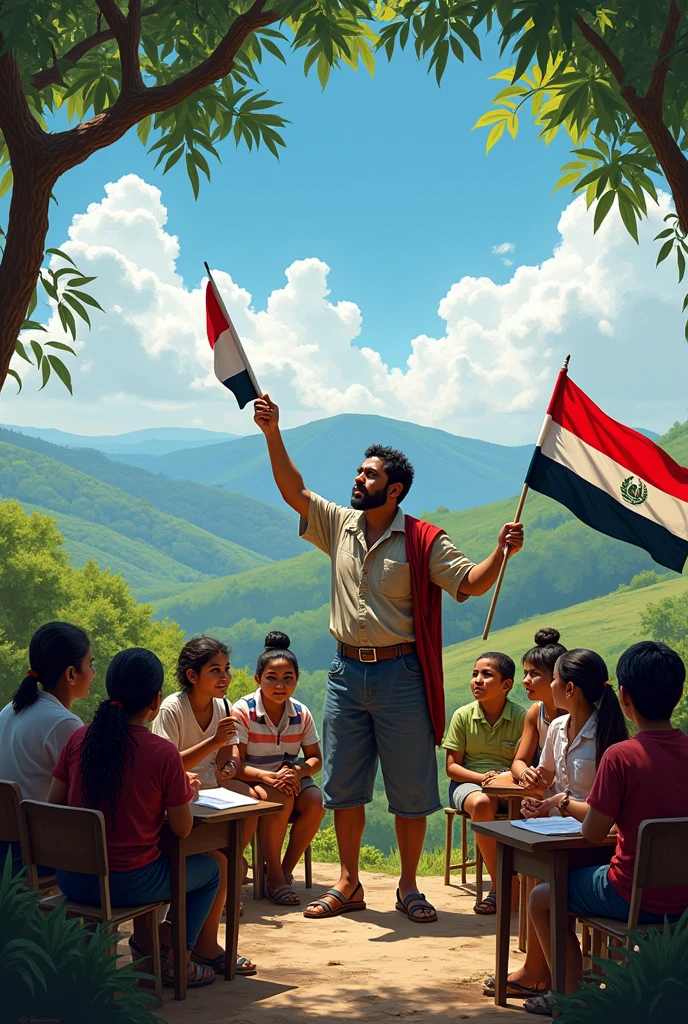 Recreate a photo of Nicaragua's national hero Sandino teaching literacy to many Nicaraguan mestizo adults who are holding the red and black bicolour flag in their right hand.