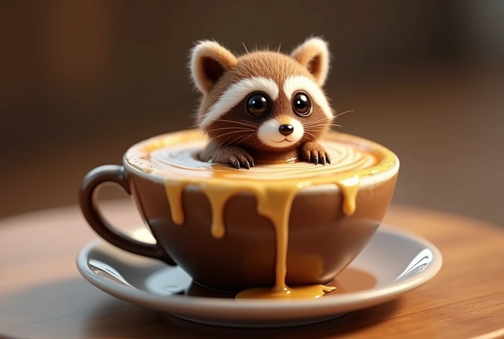 a captivating 3D rendering of a coffee cup,, filled with whimsical foam creations like adorable..., a super soft baby raccoon,. A raccoon,, with intricate details and expressive eyes,, exuding a playful aura,，it sits atop a thick coffee,. coffee spilling over the rim of a cup,, forming golden streams cascading down,, bringing art to life,. The blend of reality and imagination in this concept art piece showcases the beauty and creativity of coffee art, making it a delightful and imaginative visual experience,., concept art, photo, 3D Rendering