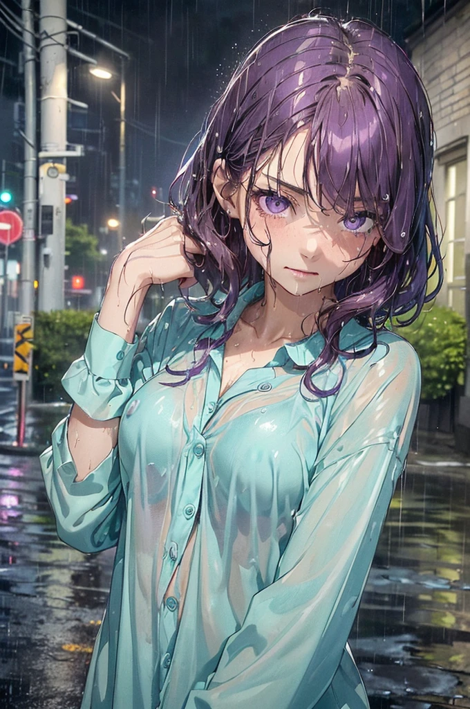 (master quality, amazing detail, amazing eyes), (((raining, heavy rain, soaking wet, very wet, drenched, lots of rain drops), ((depressed purple eyes)), 1girl, wearing nothing but a teal coloured buttoned-up pyjama top, pyjama shirt, naked, with amazingly beautiful purple eyes and (caramel blonde hair), B-cup breasts, small chest, slender body, short hair, outside, nighttime, soaking wet, drenched with rain, raindrops, heavy rain, lots of rain, very dark, comfy looking pyjama top. very dark nighttime. the sole source of light is an amber street light, totally nude except for her soaking wet and detailed pyjama shirt, soaking wet, soaking wet hair, hair clinging to her face, dripping wet hair, water dripping off her soaked hair, street, pavement, town,