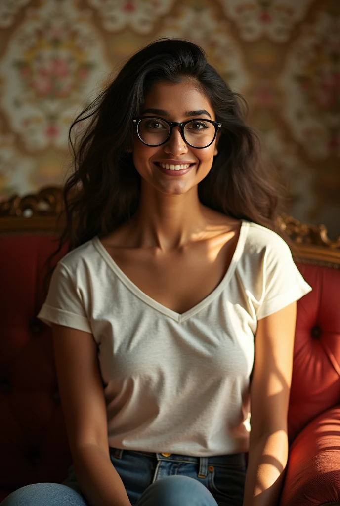 best quality)), ((masterpiece)), (high 8k detailed), Beautiful indian woman, thin classic  t shirt,a woman in glasses sitting in front of a beautiful wallpaper  on beautiful sofa, attractive girl, very beautiful Big boobs girl, with a seductive smile, sexy girl, girl next door innocent look, friendly seductive smile, young and cute girl, cute seductive smile, seductive smile, indi sulta, handsome girl, hot with shining sun, teasing smile, beautiful girlfriend