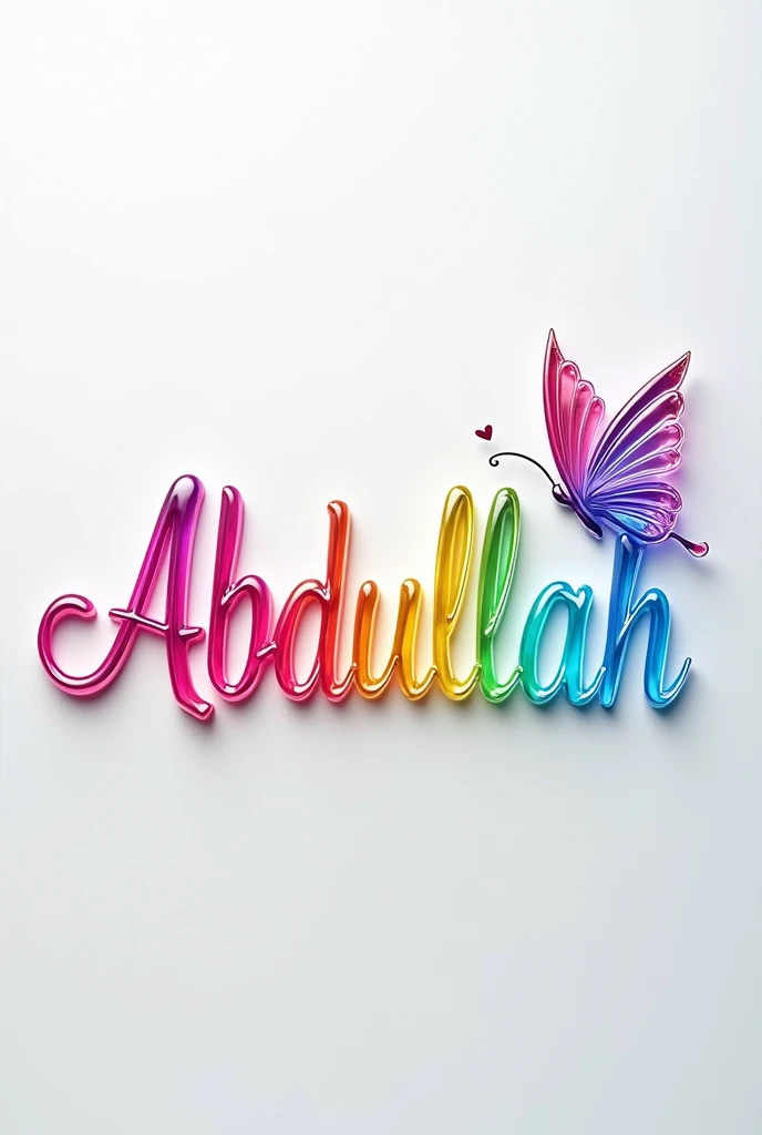 A captivating 3D glass render of the word"Abdullah" skillfully crafted into an elegant and sophisticated logo. The name is written in a graceful, flowing font, adorned with a tiny heart and a mesmerizing transparent, iridescent butterfly. Each letter is illuminated with vibrant neon shades of pink, blue, yellow, purple, green, and orange, adding a touch of modernity and charm. The logo stands out brilliantly against a clean white background, serving as a striking centerpiece. This enchanting design would be an ideal choice for a cinematic poster or architectural rendering, commanding attention and versatility across various applications.,

illustration, cinematic, 3d render, poster,typography, architecture, photo

