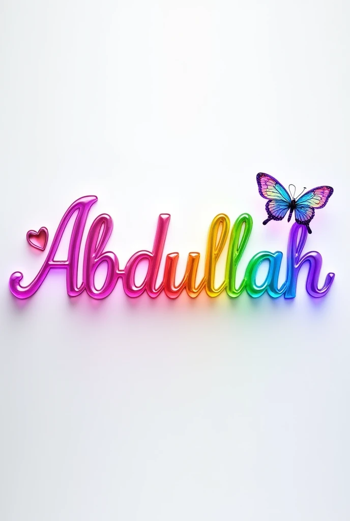 A captivating 3D glass render of the word"Abdullah" skillfully crafted into an elegant and sophisticated logo. The name is written in a graceful, flowing font, adorned with a tiny heart and a mesmerizing transparent, iridescent butterfly. Each letter is illuminated with vibrant neon shades of pink, blue, yellow, purple, green, and orange, adding a touch of modernity and charm. The logo stands out brilliantly against a clean white background, serving as a striking centerpiece. This enchanting design would be an ideal choice for a cinematic poster or architectural rendering, commanding attention and versatility across various applications.,
illustration, cinematic, 3d render, poster,typography, architecture, photo