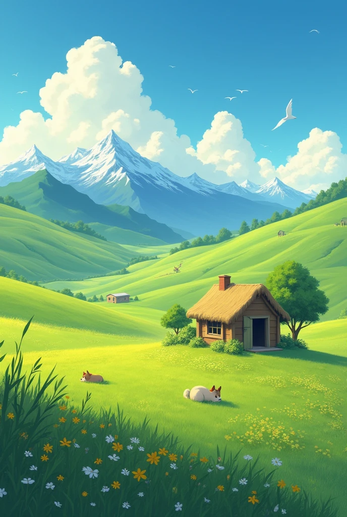 Create an enchanting Studio Ghibli-inspired scene capturing a tranquil, picturesque landscape. The setting is a vast, lush green prairieland, dotted with wildflowers swaying gently in the breeze. At the center of the scene is a charming, simple cottage with a thatched roof, nestled peacefully amidst the rolling hills. Outside the cottage, a loyal dog is curled up, sound asleep, basking in the warmth of the afternoon sun.

In the background, the majestic Andes mountains rise, their snow-capped peaks contrasting beautifully against the clear, blue sky. Wisps of soft, white clouds drift lazily across the horizon, while a few birds soar gracefully above, adding life and movement to the scene.

The perspective is from a high drone view, capturing the expansive beauty of the prairieland, the cozy cottage, and the distant grandeur of the Andes. The grass is detailed, with varying shades of green and golden highlights, and the entire scene is bathed in the soft, warm light of the late afternoon, evoking a sense of peace, simplicity, and harmony with nature. The composition is rich with Ghibli-esque charm, blending the whimsical with the serene, creating a heartwarming image full of life and detail.