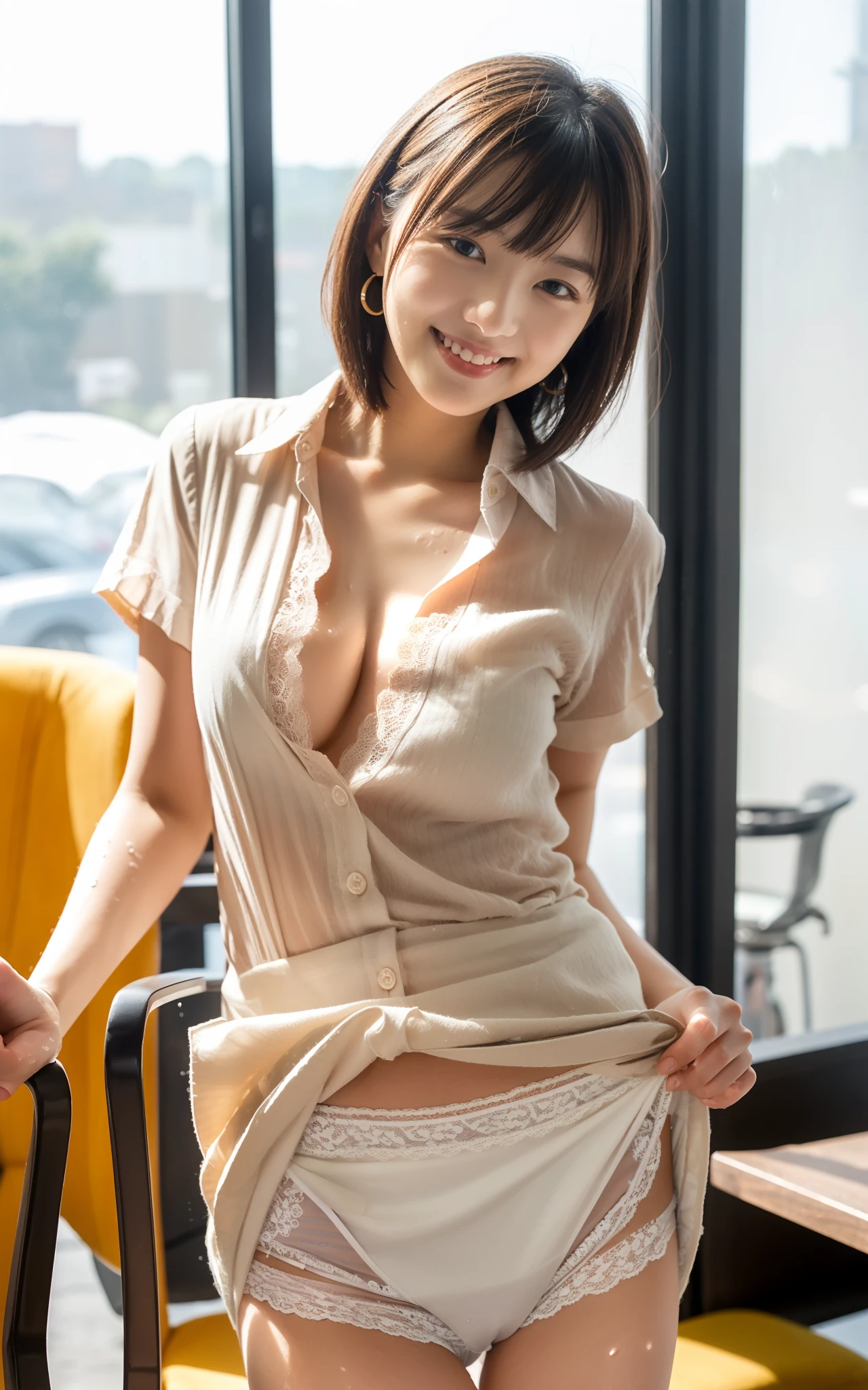 (scissors,hand up),(Wearing a light-colored shirt:1.5),A hair salon with chairs lined up,(The skin is wet from sweat:1.2),beautician,looking at the camera,Cleavage,smile,skirtリフト、skirtを手で上げる,woman, 20-year-old, Short Hair、bangs、(skirt),(White lace panties)、Cute earrings,Natural lighting