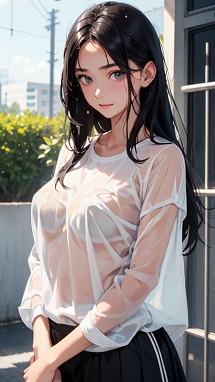 1 girl, single, blue sky, (((wet white shirt)))), ((no bra))))), exposed shoulders and entire navel, no pants, ((((wet thin line thong panties)))), almost completely naked, nsfw, panties almost transparent, (((delicate private details)), (((thin line thong panties))))