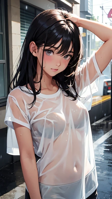 Highest quality、Realistic、、zoom、、Girl、look up、cute、Light grey eyes、Black Hair、Long Hair、boyish、Tanned brown skin、Dark Skin、Plain white T-shirt、heavy rain、Heavy Rain、Soaked from head to toe、Wet Hair、Wet Face、Wet body、A wet, clingy shirt、A wet, see-through shirt、See-through、Shy laugh、Flat Chest、No bra、Bust Shot、thin