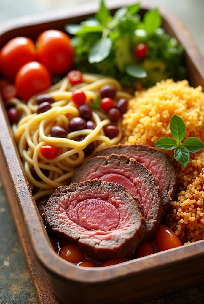 Roast beef lunchbox, rice, bean, noodle, farofa and vegetables png