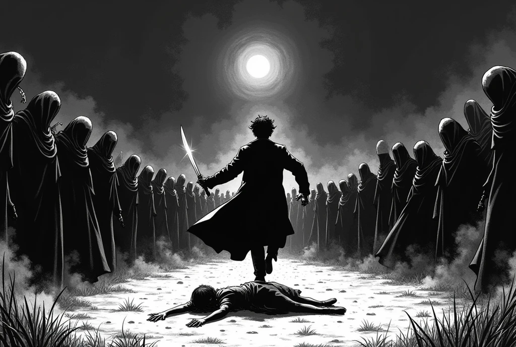 monochrome horror action manga panel which depicts: a cinematic back view, the camera sees the scene from the ground, dynamic sideways tilted camera, tilted horizon, dutch angle, harry potter, seen from the back, rushing against a massive crowd of dementors, massive crowd of dementors standing on the ground, massive crowd of dementors floating around harry and the girl, harry brandishes a glowing sword in his left hand, harry wields a wand on the right hand, the thip of the wand is glowing, an unconscious girl laying unconscious on the foreground with her back to the camera, she is really close to the camera, outdoors, dark night, the crowd faces against harry, the crowd moves against harry, dramatic composition with perspective and foreshortening, rule of thirds, the vanishing point is at the lower left corner of the image