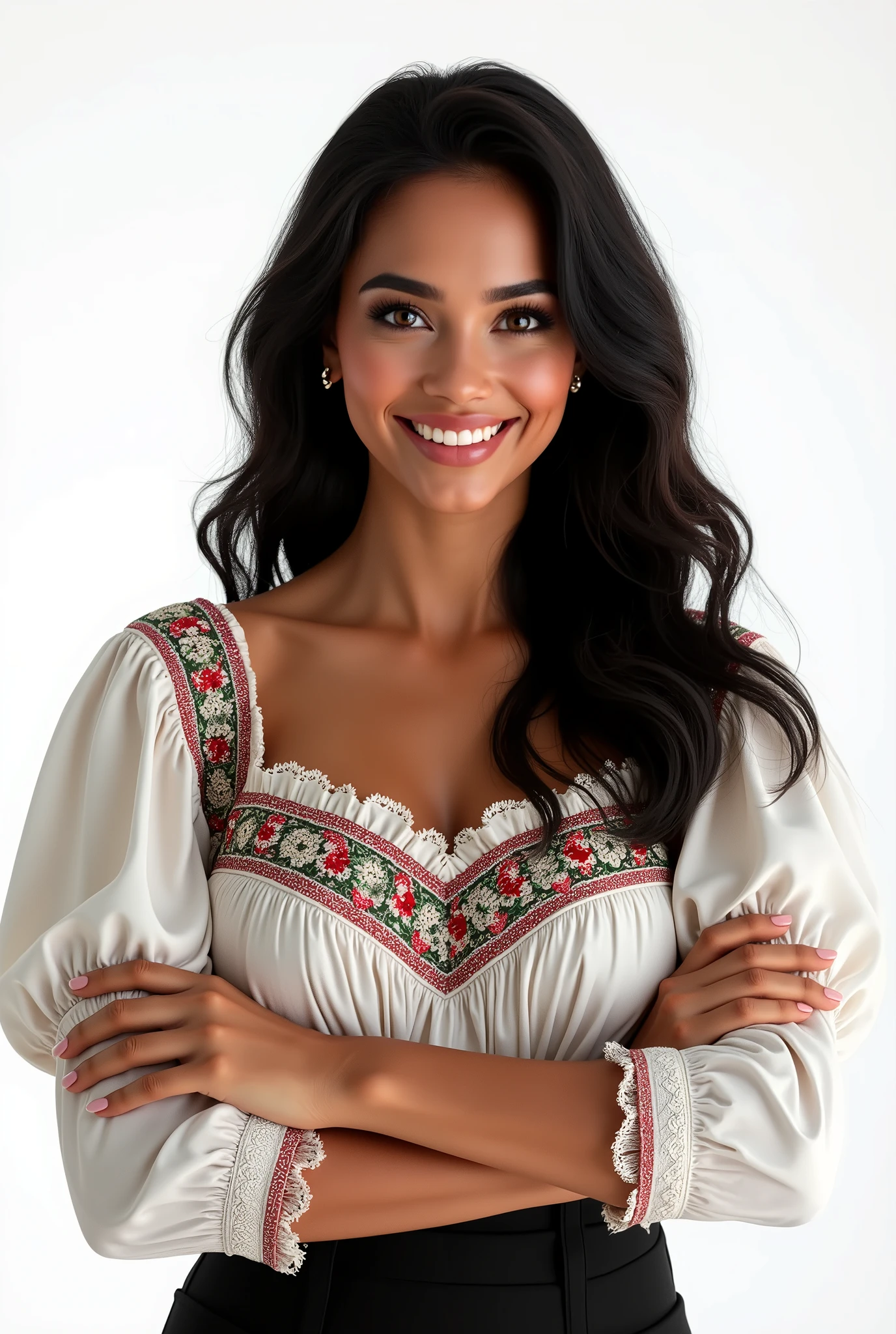Create a hyper-realistic image of a 30-year-old Mexican woman with wavy hair, dark skin, and dark eyes. She should be smiling and wearing traditional Mexican business attire, specifically a charro dress. The background must be completely white, with no additional details or elements. There should be no scenery or anything else in the background. The only Mexican element in the image should be the woman and her clothing. The image should be 8k super realistic, detailed, and realistic. EasyNegative, (worst quality, low quality:1.4), (((deformed))), distortions in the hands, face, and other parts, more than 1 character, more than 1 backpack, (((deformed))), distortions in the hands, face, and other parts, more than 1 character.
