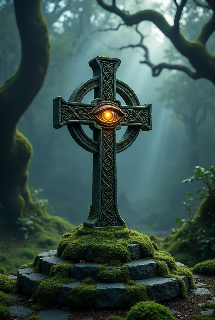 shattered Celtic cross with an ouroboros in the circular part and a dragon's eye in the center of the cross 