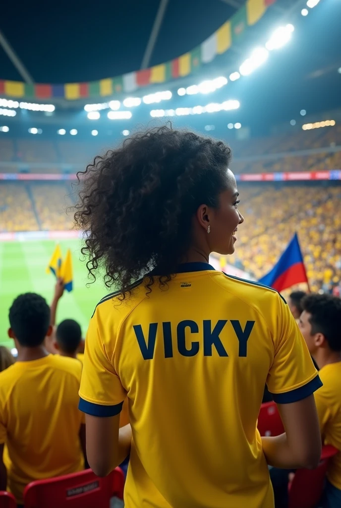 Woman in a stadium wearing a Colombia jersey with the name Vicky on it.
