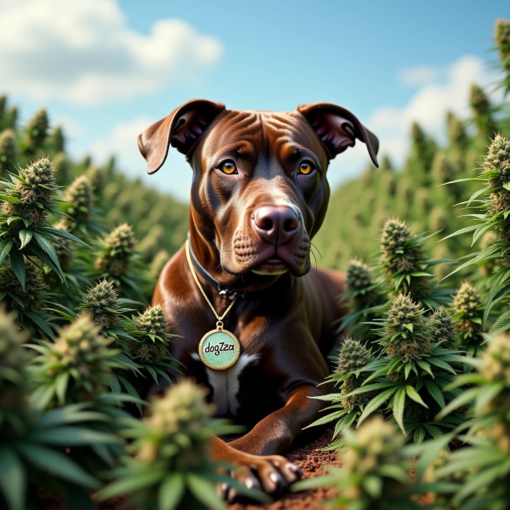Very stoned pitbull with a pendant that says dogZaZa With countless cannabis buds on a plantation