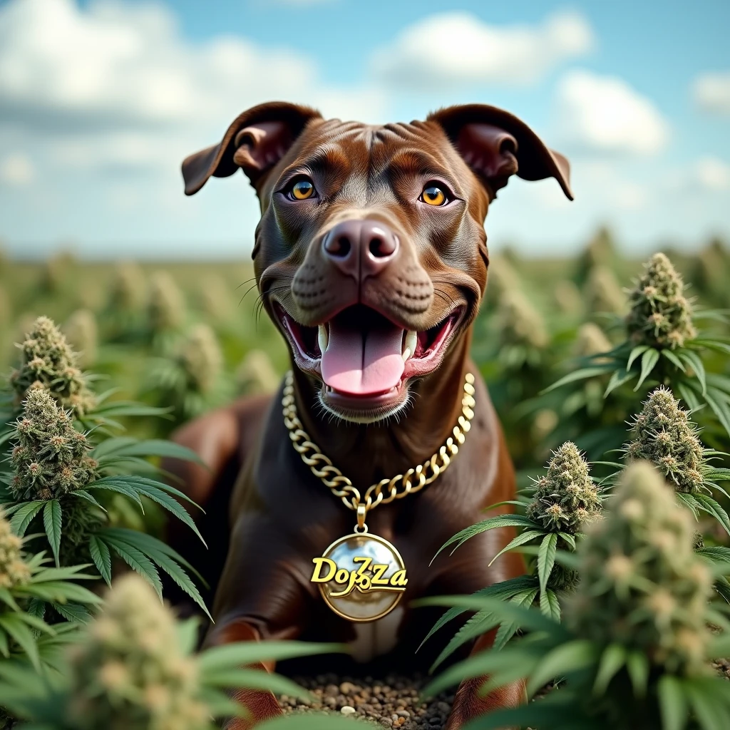 Very stoned pitbull with a pendant that says dogZaZa With countless ???????? buds on a plantation