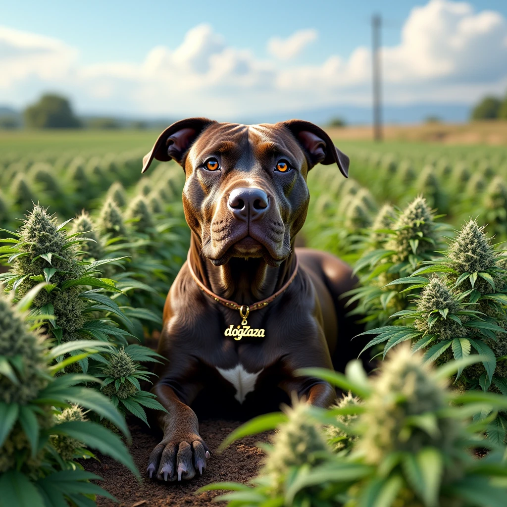 Very stoned pitbull with a pendant that says dogZaZa With countless buds on a plantation