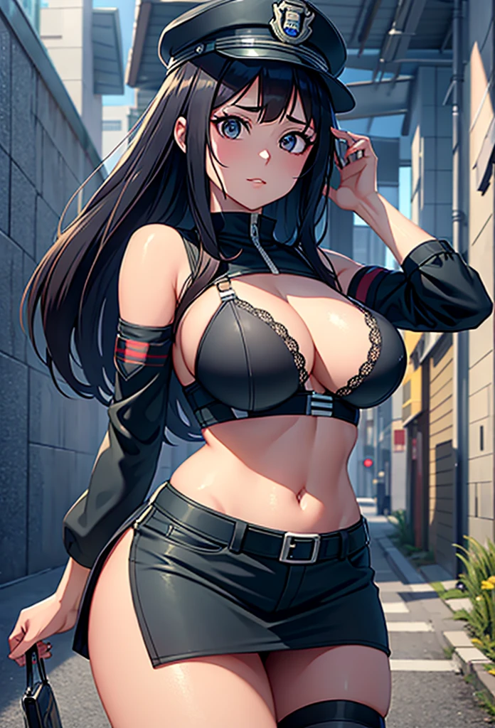 Masterpiece,Solo,1Girl,Hinata Hyuga,(Boruto),Big Breasts,Perfect Body,Best Quality,High Resolution,Photograph 16K,Ultra Detailed,Long Hair,Beautiful,Beautiful Girl,Street Version,Female Police Theme,Female Police Uniform,Police Short Skirt,Police Hat,Sexy Body Hot,Bra