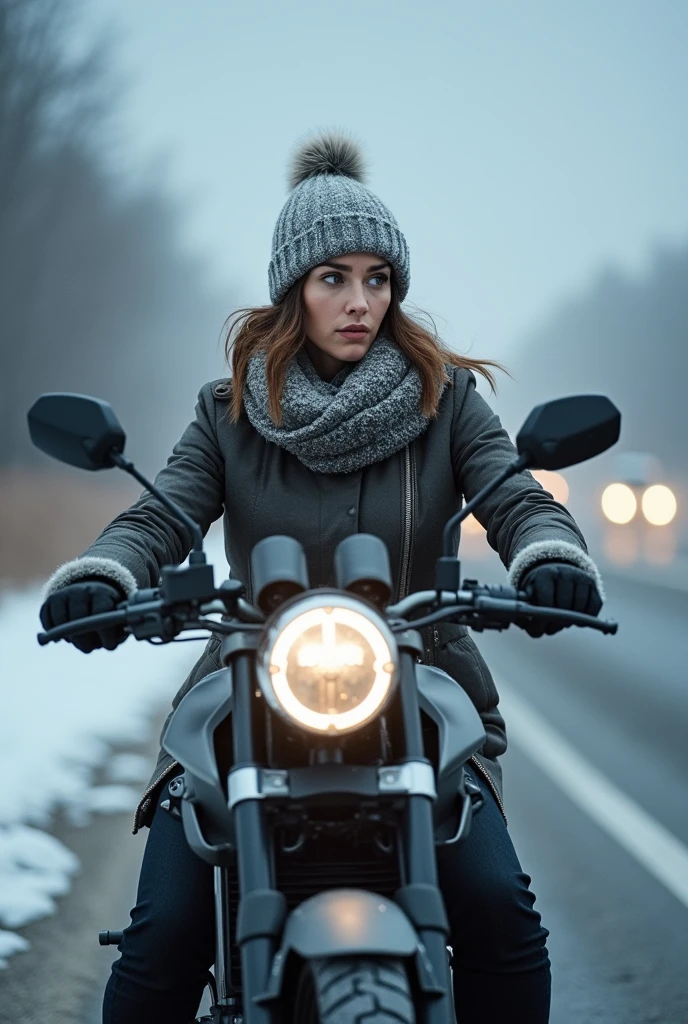 A woman waits for her sister who is arriving by bus while it is very cold next to the highway on an electric motorcycle.