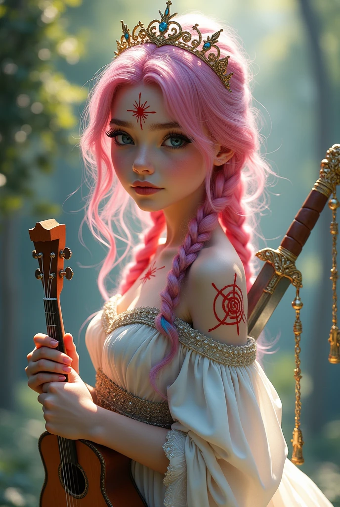 A very beautiful and young girl, Her hair is extremely pink and she has two blue streaks, Your skin is white and delicate, and it has red magical symbols on your shoulders and neck that are like tattoos., Her clothes are very elegant and chic, demonstrating wealth, She is the daughter of a fairy and carries with her her lute and two beautiful delicate swords. She is a bard and loves music., She always has her mandolin in her hands, her beautiful swords on her back, and a glow on her cheeks and under her eyes. She also wears a tiara.