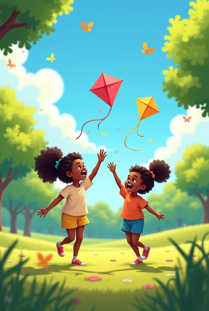 Animation of Two black kids girls age 6 and 9 with their black dad aged 38 having fun dad has a beard
