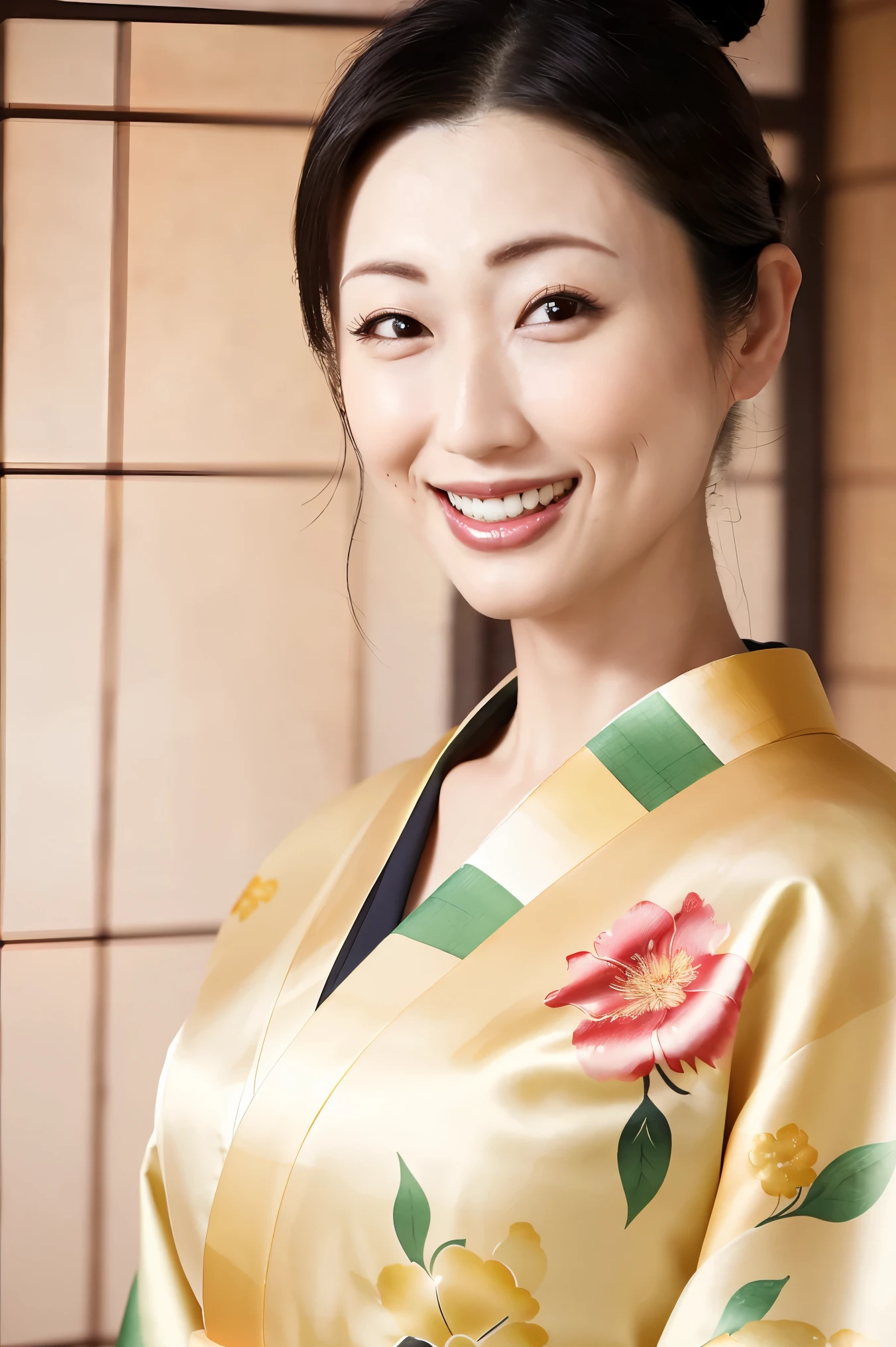(Highest quality、Tabletop、8k、Best image quality、Award-winning works)、(One beautiful mature woman:1.1)、(Wrinkled aged face:1.1)、Adult face、(Innkeeper:1.1)、(Elegant floral kimono:1.2)、(Perfect kimono:1.3)、(Large Breasts:1.2)、Perfect mature woman portrait photo、Glowing Skin、Standing Elegantly、(Blurred elegant and exquisite perfect Japanese style room background:1.3)、(The most natural and perfect tidy Japanese style room background:1.2)、Glowing White Skin、Very white skin、(Accentuate your body lines:1.1)、(The most graceful posture:1.2)、(The biggest smile looks at me:1.2)、Perfect beautiful glossy lips、(Accurate anatomy:1.1)、(A perfect and elegant outfit:1.1)、(Standing with good posture:1.1)、(Face close-up:1.3)、(Front facing body:1.2)、(Hair Bun:1.1)