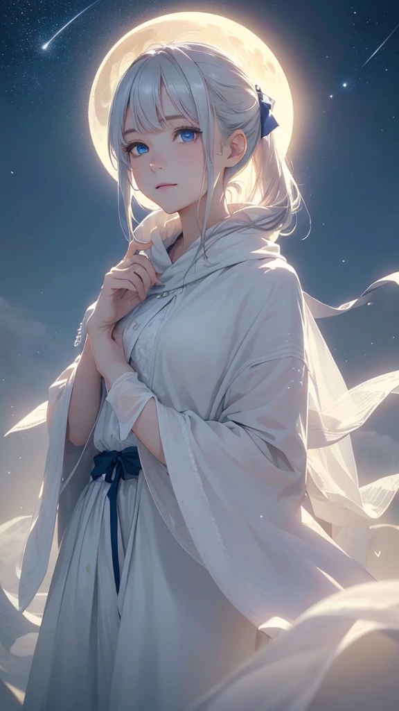Masterpiece, (Best Quality: 1.2), (Super Fine: 1.2), Illustration, (Extremely Delicate and Beautiful: 1.2), Film Angle, Floating, (Beautiful Detail Eye: 1.1), (Detail Light: 1.1), Film Lights, Delicate Sky, Woman, White Hair, Blue Eyes, (High Ponytail: 1.1), Cloak, Glowing Eyes, (Moon: 1.2), (Moonlight: 1.1), Starry Sky, (Light Particles: 1.1), Fog , snow painting, sketching, blooming
