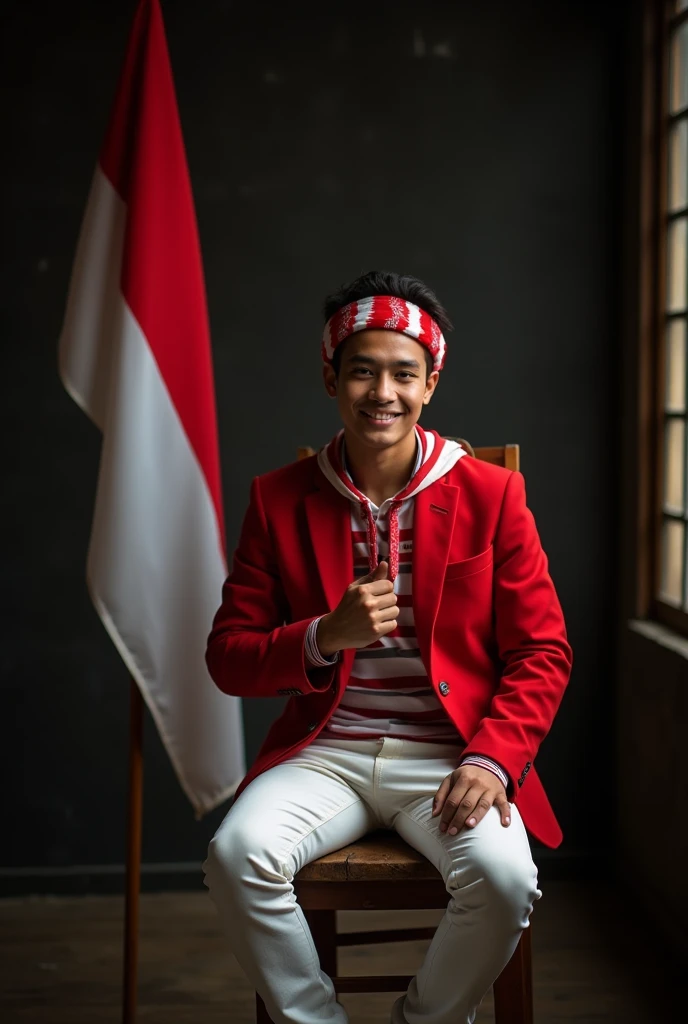 Portrait of a 19-year-old Indonesian young man wearing a red jacket and white pants,wearing a red and white headband,sitting on a wooden chair,next to him is a flag,with a dark room background,