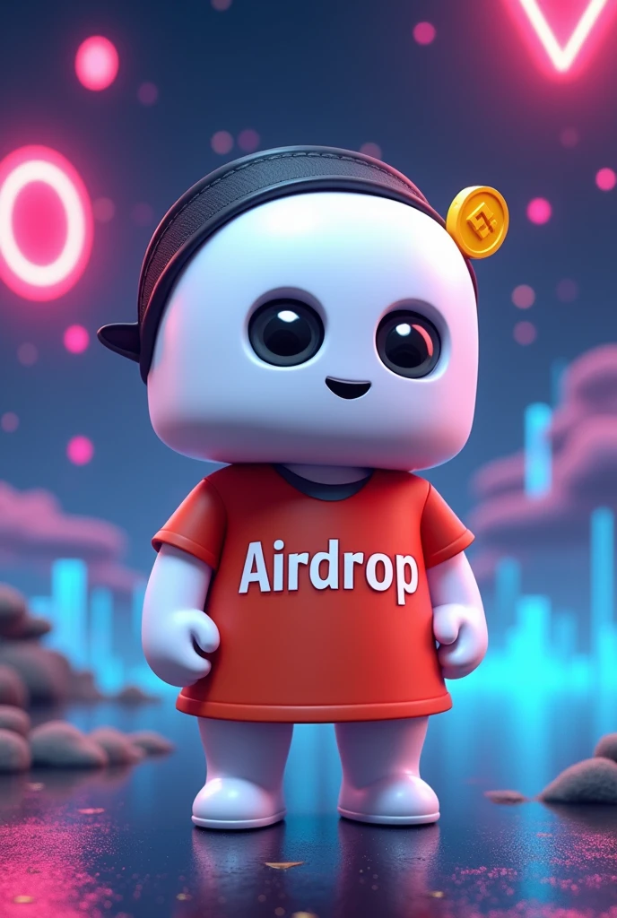 White cube with Airdrop on the shirt, black headband and yellow Binance