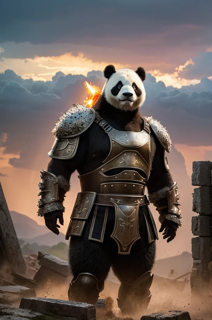 A panda wearing armor all the time,Revealing the heavy breath of ancient times,Behind is the scene of destruction,There was thunder and lightning in the sky,But there is a holy dawn