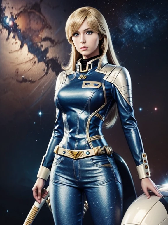 Anime style female character inspired by vintage space opera aesthetics, with elongated facial features, 165 cm tall, having blond, waist-length, wavy hair with V bangs, and blue eyes. She is wearing tight skinny jeans with high boots over them, adding an equestrian touch to her ensemble. The character's design reflects a blend of space opera elements and a realistic body proportion, highlighting her strong yet feminine presence.