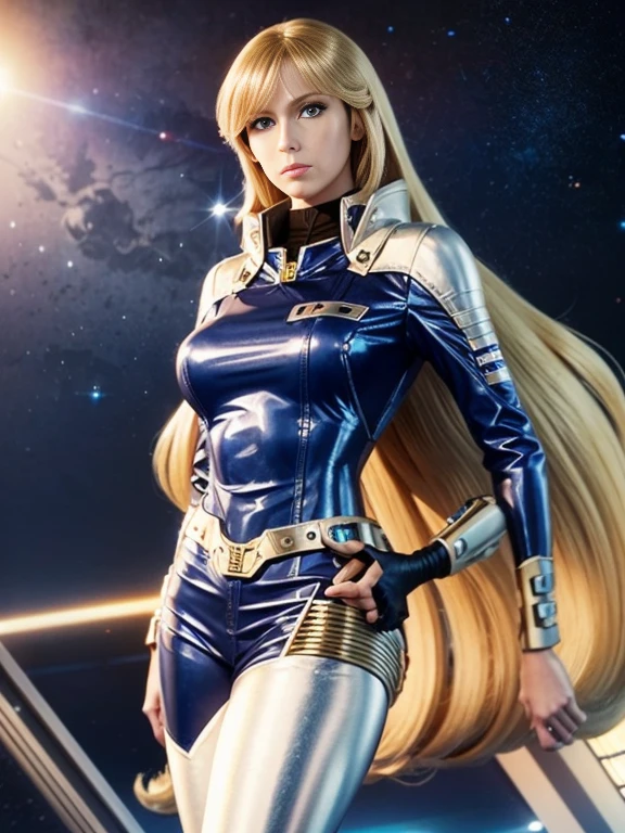 Anime style female character inspired by vintage space opera aesthetics, with elongated facial features, 165 cm tall, having blond, waist-length, wavy hair with V bangs, and blue eyes. She is wearing tight skinny jeans with high boots over them, adding an equestrian touch to her ensemble. The character's design reflects a blend of space opera elements and a realistic body proportion, highlighting her strong yet feminine presence.